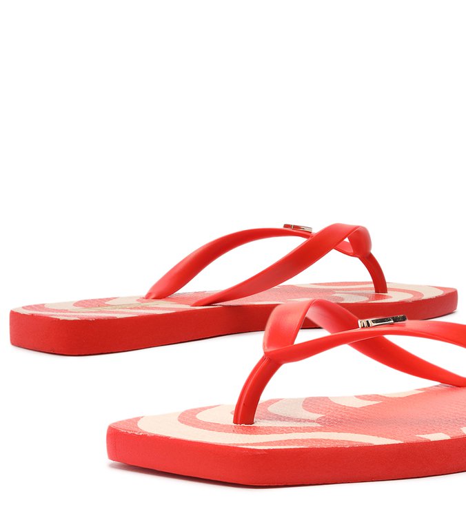 Square Print Red Flip Flops and Bag