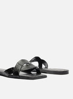 Load image into Gallery viewer, Flat Straps Black Croco Flat Sandal
