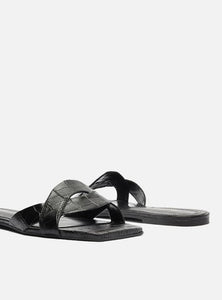 Flat Straps Black Croco Flat Sandal