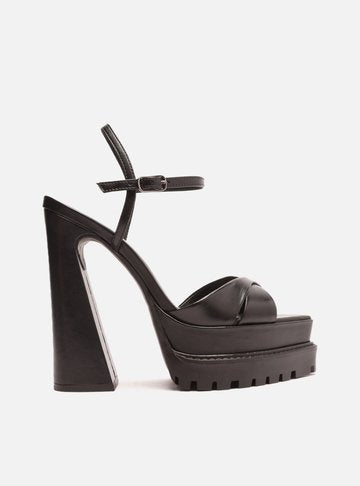 Black Leather Sandal Geometric Heel Arya