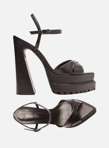 Black Leather Sandal Geometric Heel Arya