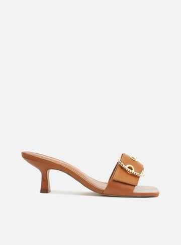 Brown Leather Sandal Thin Heel Open Buckle