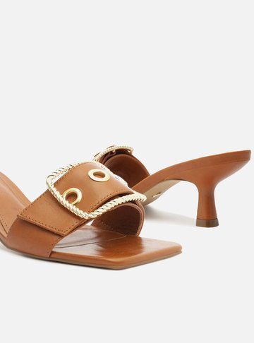 Brown Leather Sandal Thin Heel Open Buckle