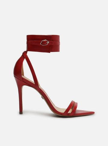 Red Leather Sandal Thin Heel Ankle Strap