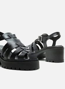 Black Leather Sandal Tractor Heel Fisherman